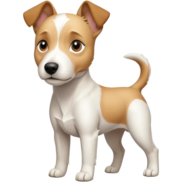 a full body facing front on of a buff white parson russell terrier looking dog the size of a kelpie with light brown long ears resting on its face and a light brown patch on one eye and a large snout. the rest of the dog is completely white.  emoji