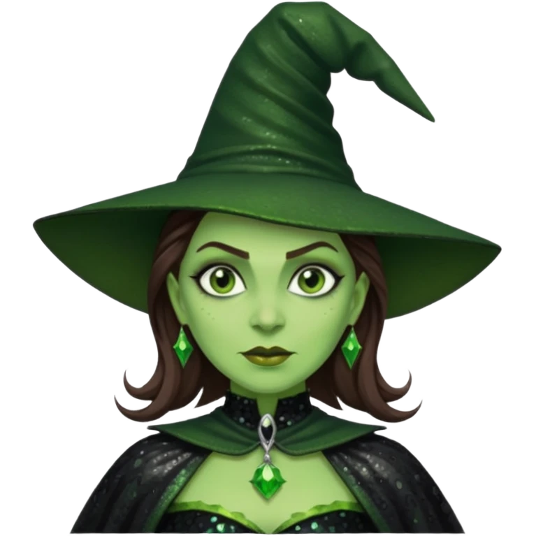 The Wicked Witch from Oz with green skin, brown hair, black sequin outfit emoji