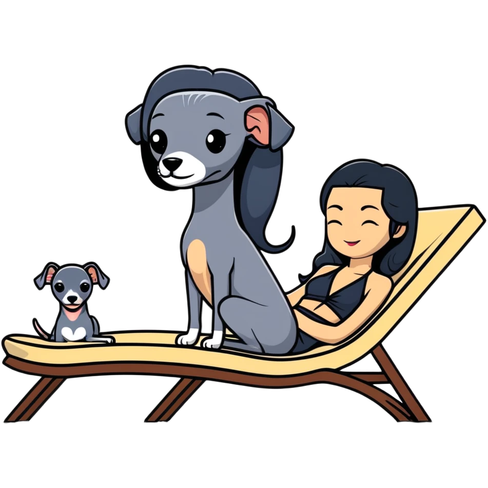Very thin and slim Chinese woman with long black hair in elegant pool attire relaxing on a comfortable spa lounger at a luxury spa pool with her Italian greyhound that is COMPLETELY solid dark grey with ABSOLUTELY ZERO white markings anywhere - 100% uniform dark grey color only - also relaxing on a lounger emoji