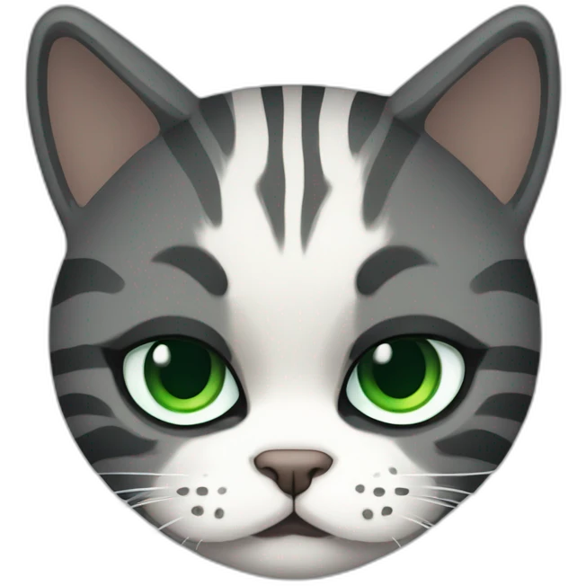 Grumpy Chubby Striped dark grey female cat with Green eyes and white chest emoji