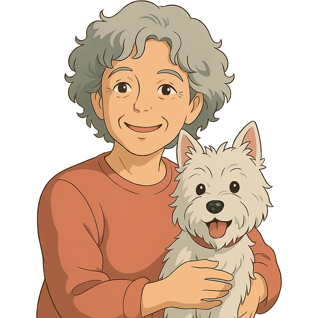 50-year-old woman with silver curly hair, smiling, with a Westie dog, ghibli style emoji