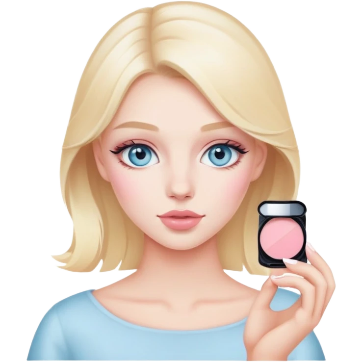 coquette blonde girl with light blue eyes putting pale pink blush on emoji