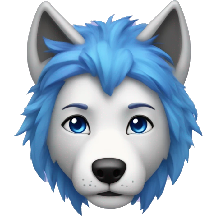 make me a wolf with blue hair on top with purple ears with blue eyes blue nose gray and white face with warm thing around his neak thats makes hime warm that is blue and black emoji