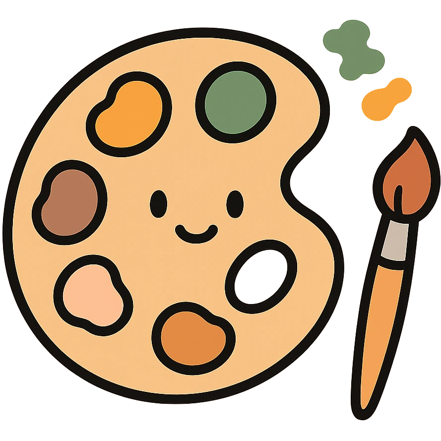 A cute and charming artist’s paint palette with dabs of paint in a warm, cozy color scheme: golden orange (FA9B41), deep forest green (4A7C5C), muted taupe brown (96775A), and pastel peach (FFCC9A). The wooden palette has a soft, rounded shape with a smooth finish, and the paint blobs are arranged neatly like little candy drops. Some splashes of color are playfully smeared nearby, and a tiny paintbrush rests beside the palette. The overall mood is light, artistic, and whimsical, with soft lighting and a gentle, creative atmosphere — perfect for a dreamy, storybook-style illustration. emoji
