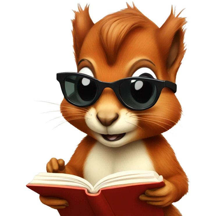 A red squirrel wearing sunglasses reading a book emoji