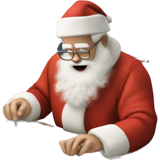 White Father Christmas with real hands is sitting on a desk, writing something down on a sheet of paper, solving complicated math puzzles, you can see the math tasks/ exercises emoji