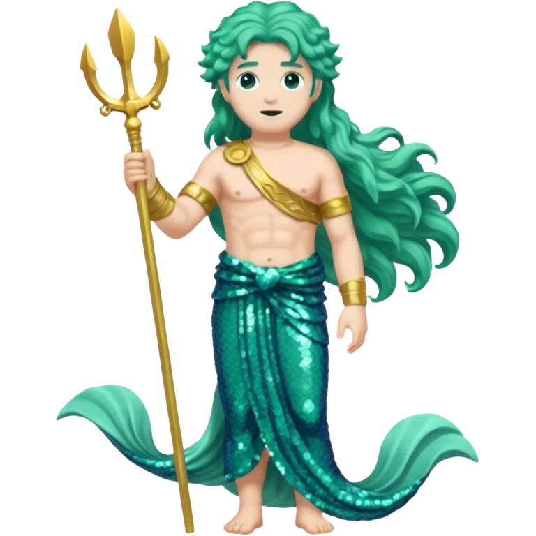 Neptune from Roman Deities with long sea green wavy hair, sea green sequin toga emoji