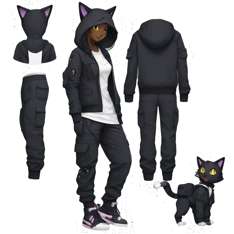 Edgy Anthro cool pretty anime dark cat-Pokémon-fursona techwear cargo pants hoodie emoji