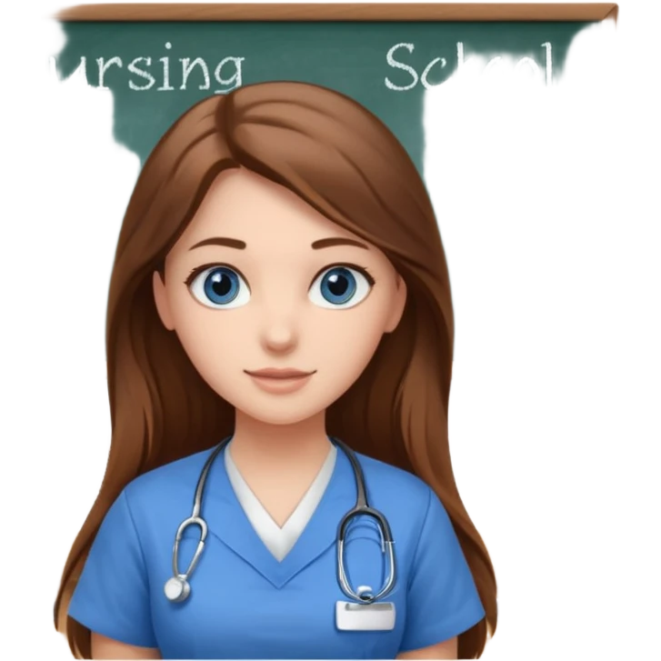inside a classroom at university that says nursing school on the board with a pretty female nursing student with long brown hair, blue eyes emoji