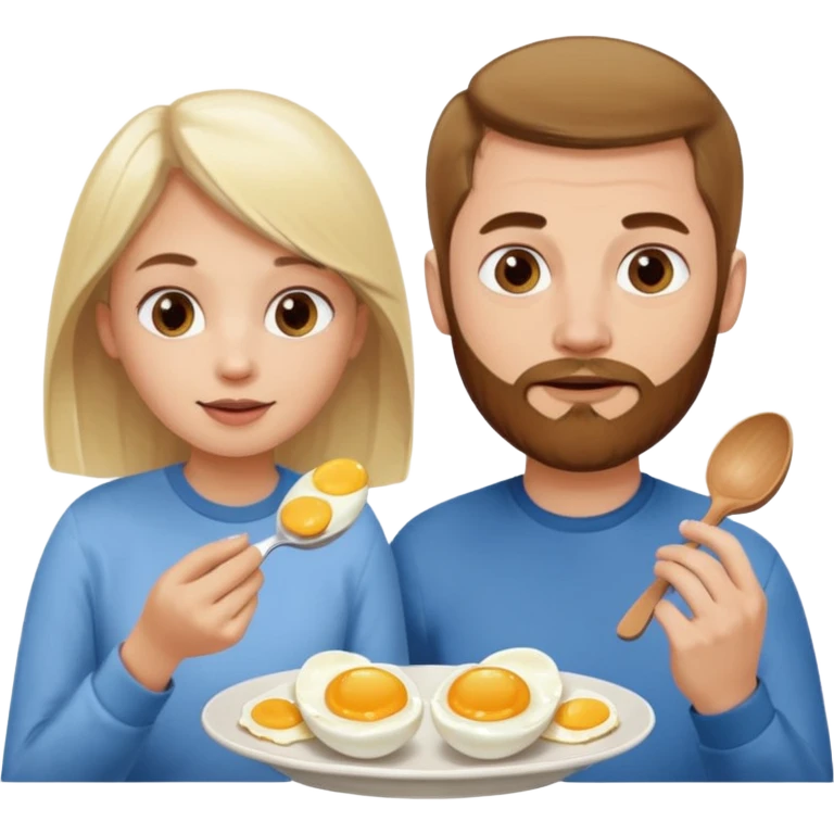 White blonde girl and white man with brown thin hair and brown facial hair eating eggs  emoji