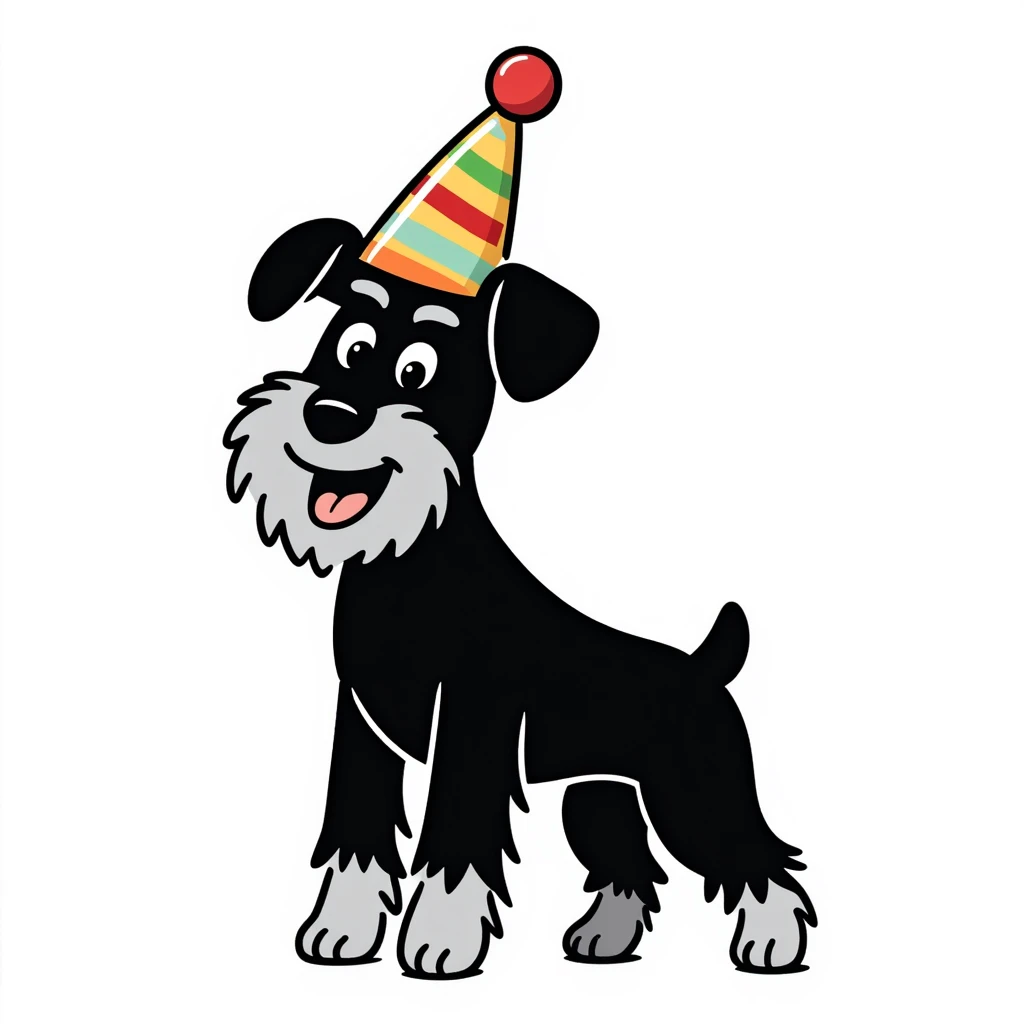 A schnauzer dog wearing a colorful birthday hat emoji