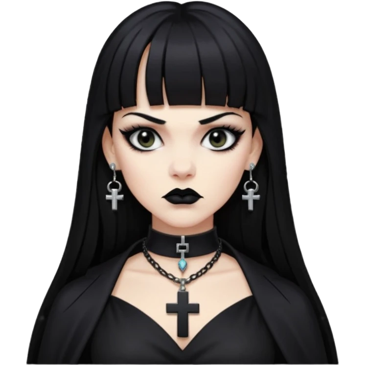 vampira parda com cabelo preto longo e liso e franja, olhos pretos, brincos em formato de cruz, choker em formato de cruz, roupa preta com decote nos seios, batom preto e séria emoji