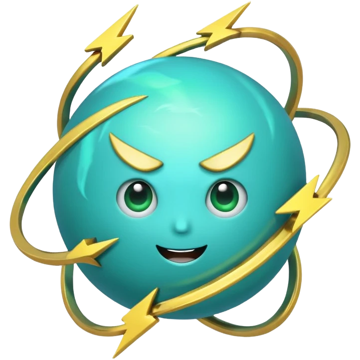 Uranus planet emoji in Apple style, blue-green color, dynamic rings, fun, excited, and expressive face, prominent bold lightning bolt symbolizing chaotic and unexpected energy emoji