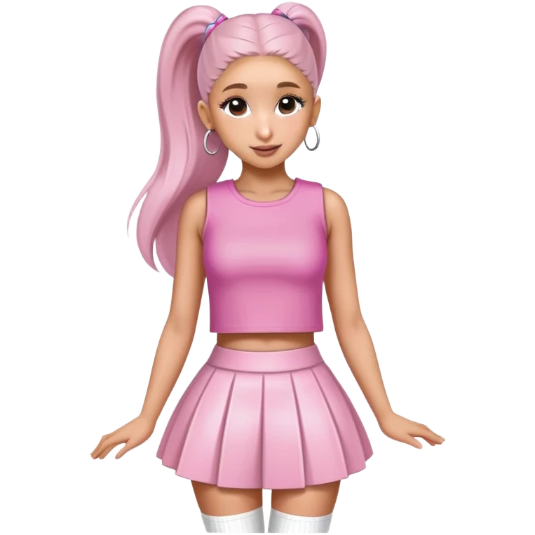 Ariana grande wearing a pink croc top and a short white skirt  emoji