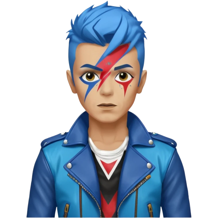 A male rockstar wearing Ebay brand colours and David Bowie face paint - showing more of his torso and blue hair emoji