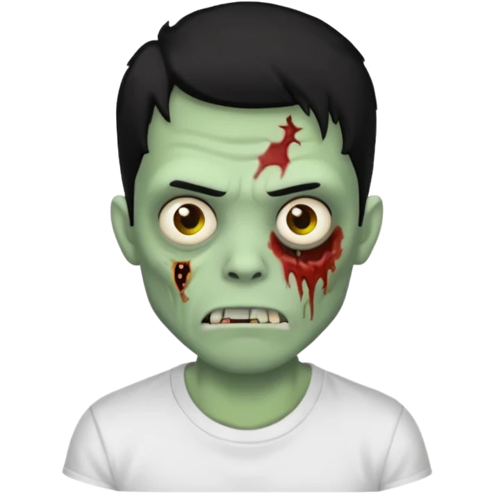 Rosto de frente classico de zombie boca meio torta cabelos medios pretos low fade com pele verde clara camiseta branca emoji