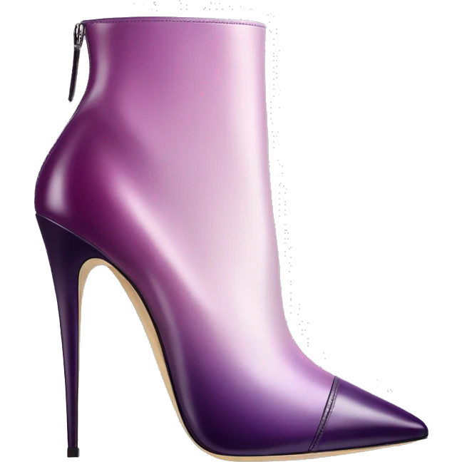 Realistic isolated too view of a pair of lavender to dark plum ombre Jimmy Choo stiletto ankle bootie boots.  emoji