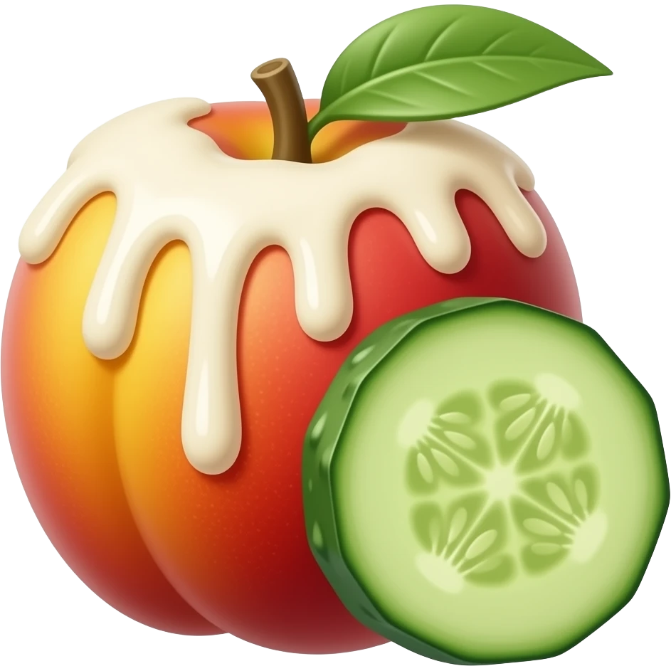 Peach with a cucumber in between horizontally with white sauce emoji