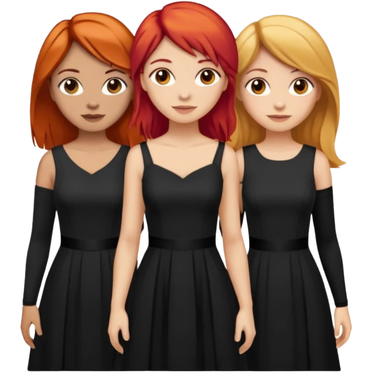 Can you create an image of 3 friends together one with red bright hair light skin one the other with brown hair with some blonde highlights in the hair fair skin the last one with light brown a tint of orange hair and black long hair with brown with dresses dark hair on one emoji
