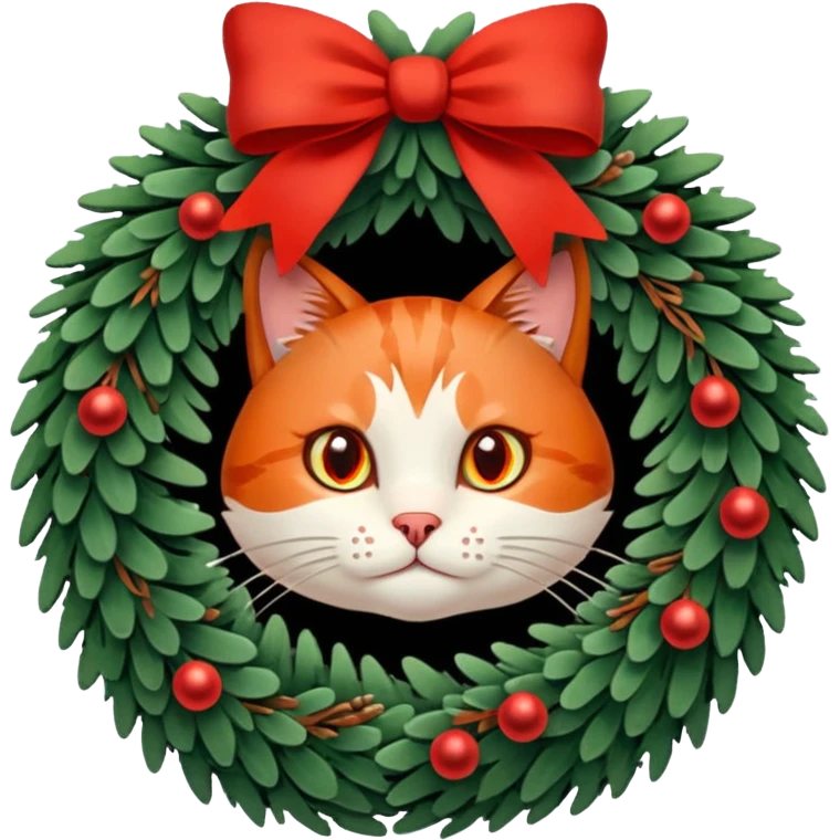 A Christmas wreath made entirely of fir trees, decorated with a red bow at the bottom, pine cones and Christmas tree balls, and a cat poking its face through the hole in the center. emoji