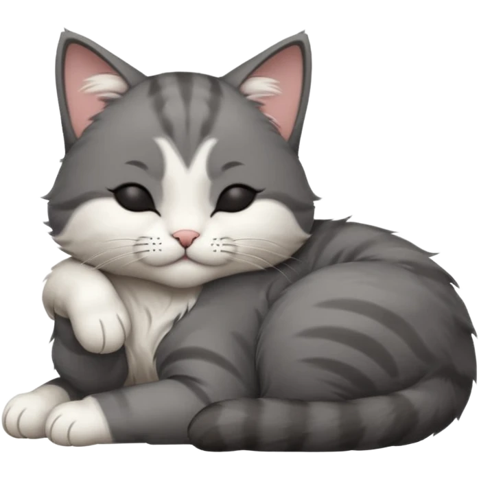 dark grey and white small cat with his eyes closed, leaning his head on his paw while leaning on his elbow lying down emoji