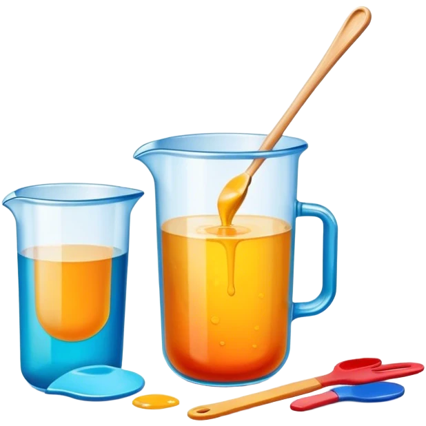 Epoxy resin icon, resin pouring over a surface, visible measuring cups, stirring sticks, and protective gloves, colorful patterns or designs forming as resin hardens, minimalistic style, clean lines, transparent background. emoji