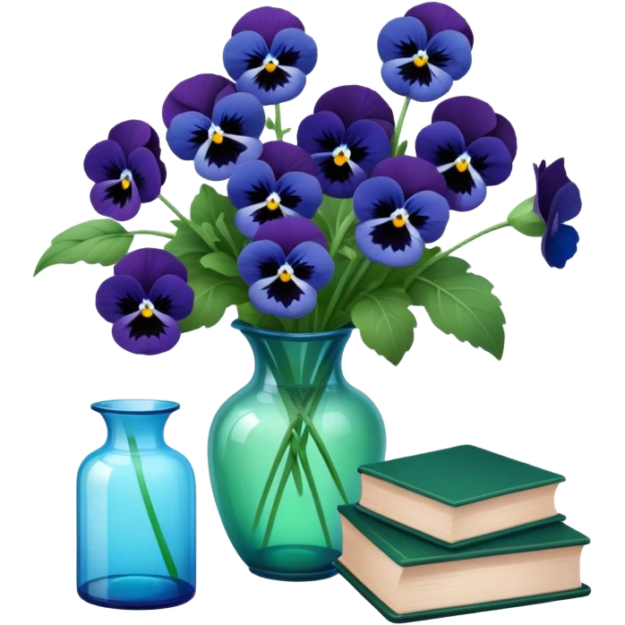 Aesthetically arranged books in dark green and next to them a bouquet of blue pansies in a light green glass vase emoji
