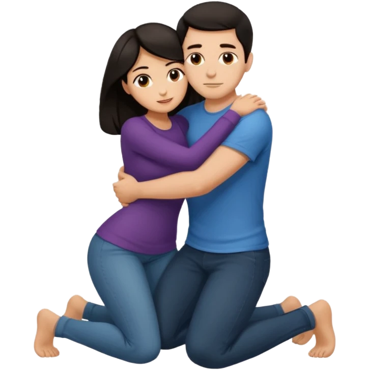 man with dark hair on knees, facing dark haired standing woman, hugging her waist emoji