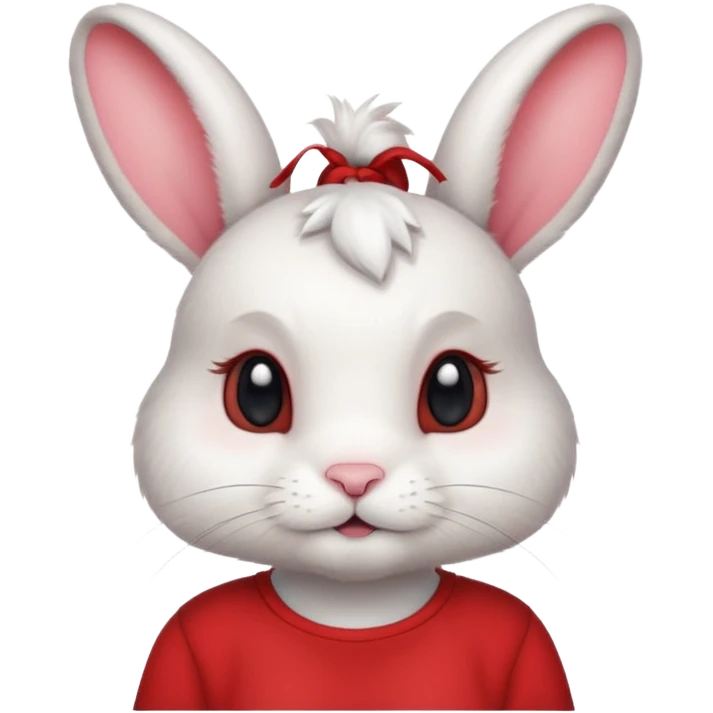 white large bunny, pet lover, red shirt, pony tail. emoji