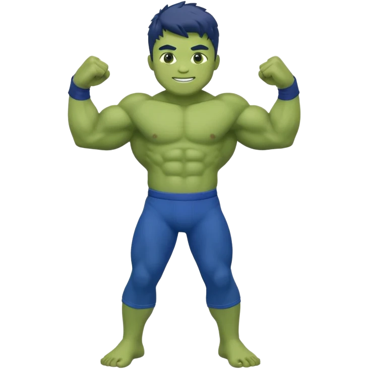 Kid Hulk flexing arms, full body, long blue pants, and smiling emoji