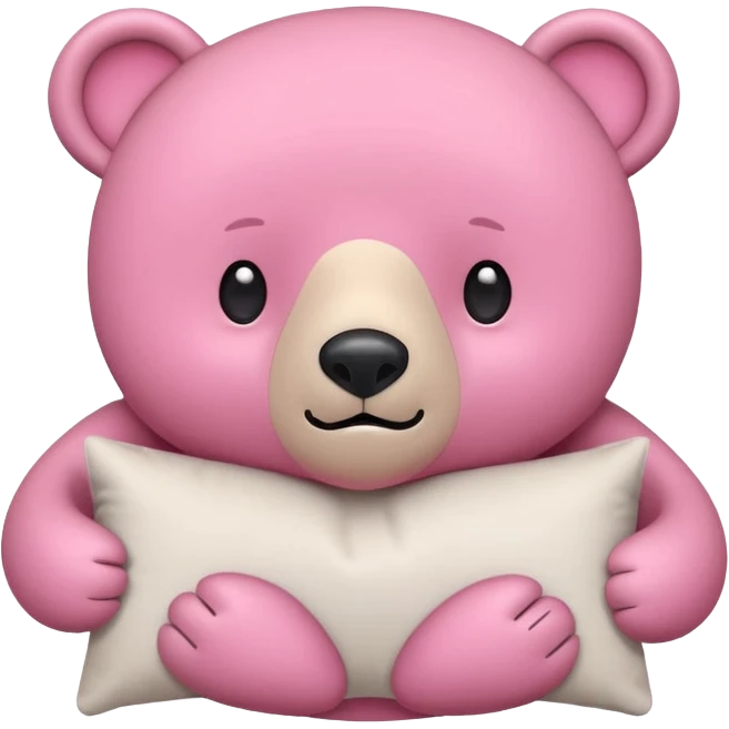 pink bear ready for a pillow fight, holding a pillow, flat minimal rounded shapes, simple face, cute and playful, iPhone emoji style, no text emoji
