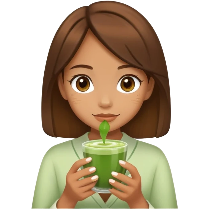 Girl with tan skin and brown hair pretty holding a matcha emoji