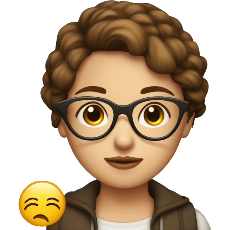 Short brown haired girl with glasses kissing emoji