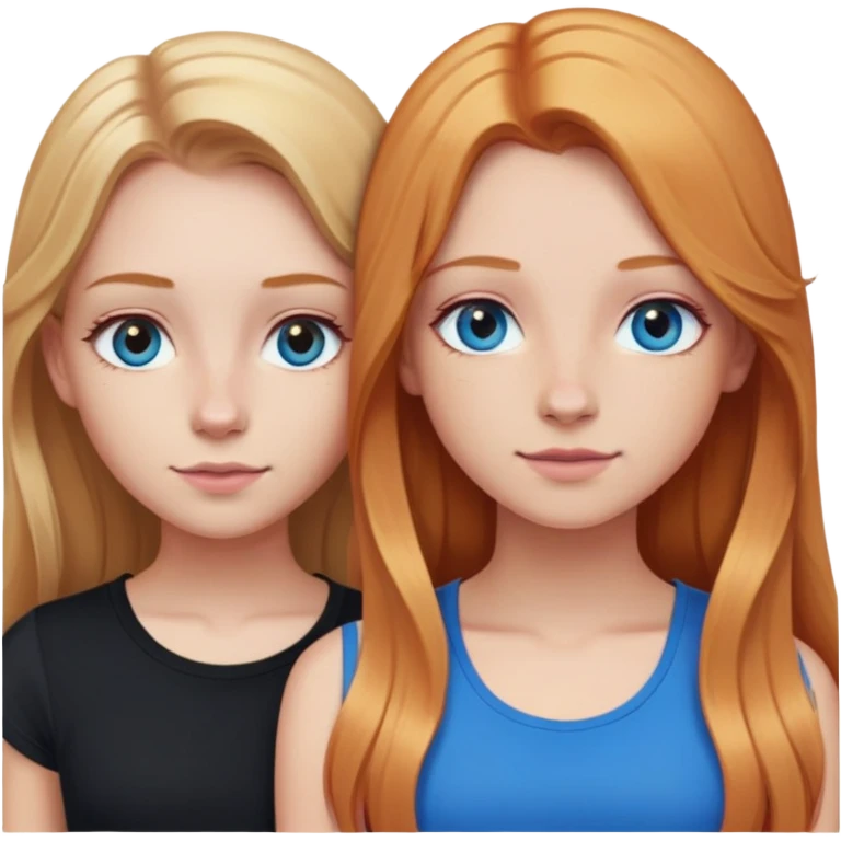 Two girls together. Girl 1: blonde long straight hair, hazel eyes, pink crop top.  girl 2:  long wavy ginger hair, blue eyes, nose ring, black shirt emoji