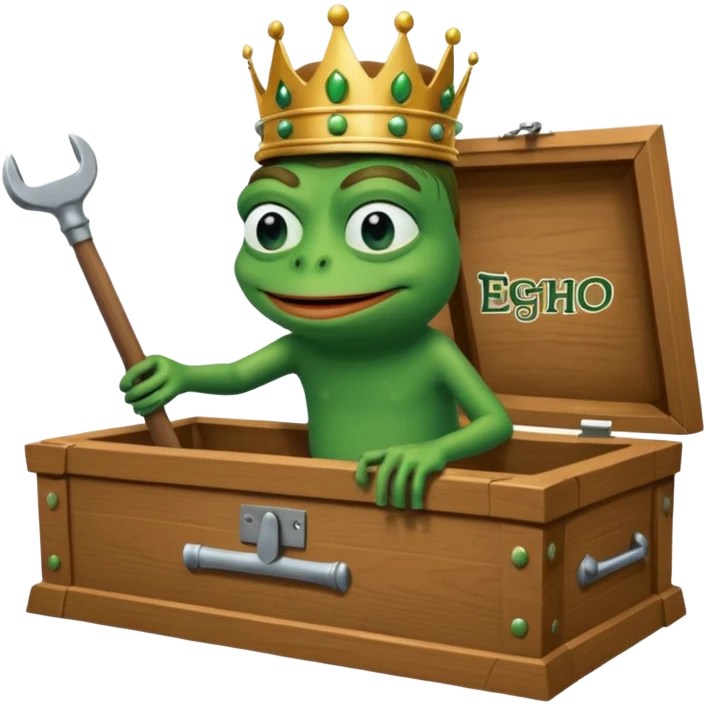 Emoji of an empty wooden coffin with its lid on top, the word ‘ECHO’ carved into the side panel. The coffin is shown from the outside. A king-like Pepe the Frog, standing outside the coffin, is hammering nails into the lid to seal it shut. No character is inside the coffin. Not a treasure chest. emoji