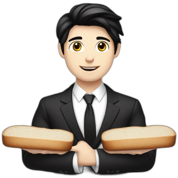 Full height Pale skinned Fit Man With black hair and medium black bread in classic black suit, white office shirt. Thrumbs of his palms directed up emoji