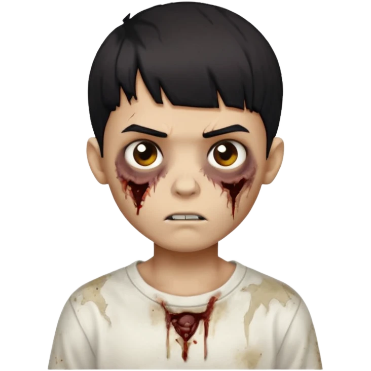 garoto zombie de cabelo liso preto com volume no formato de tigela, olhos marrom escuros, camisa branca, pele morena mas mais branca do que morena emoji