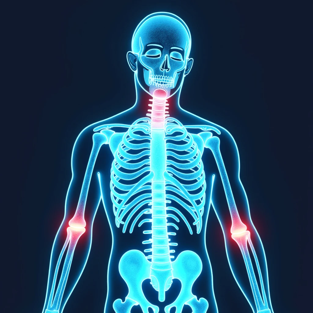 Medical illustration: glowing human body silhouette with highlighted joints, cool blue and green healing energy radiating outward, red inflammation areas being neutralized by blue light, clean clinical aesthetic, futuristic background emoji