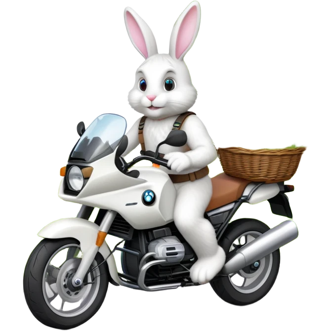 Easter bunny riding a BMW boxer motorcycle with trees and grass in the background, colorful Easter eggs hidden in the grass, and more bunnies watching from the side of the road emoji