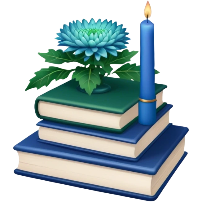 A green book stack adorned with blue chrysanthemums and a deep blue candle  emoji