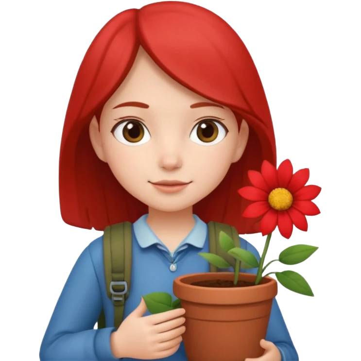 young girl wearing packpack, holding a flower pot emoji