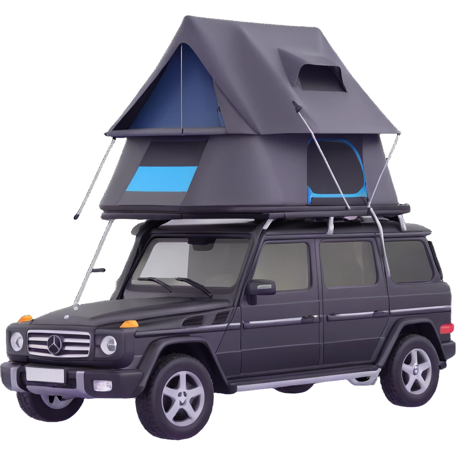 black Mercedes-Benz car with roof tent emoji