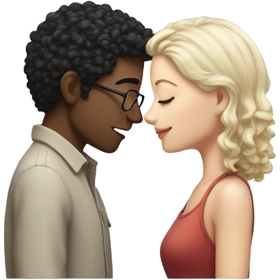 A white-skinned man with curly black hair and glasses and a white-skinned girl with brunette straight hair are kissing with their eyes closed. emoji