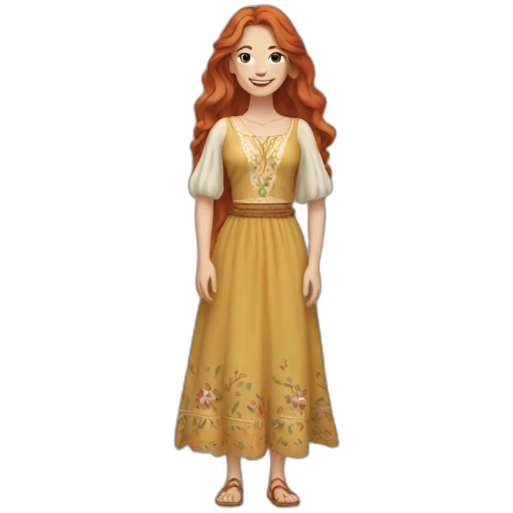 redhead white woman long hair, smiling, wearing boho dress emoji