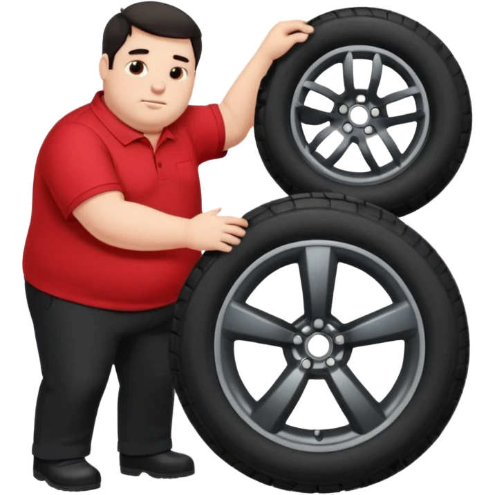 Very Fat white guy with dark hair and a red polo with black pants changing a tire on a car emoji