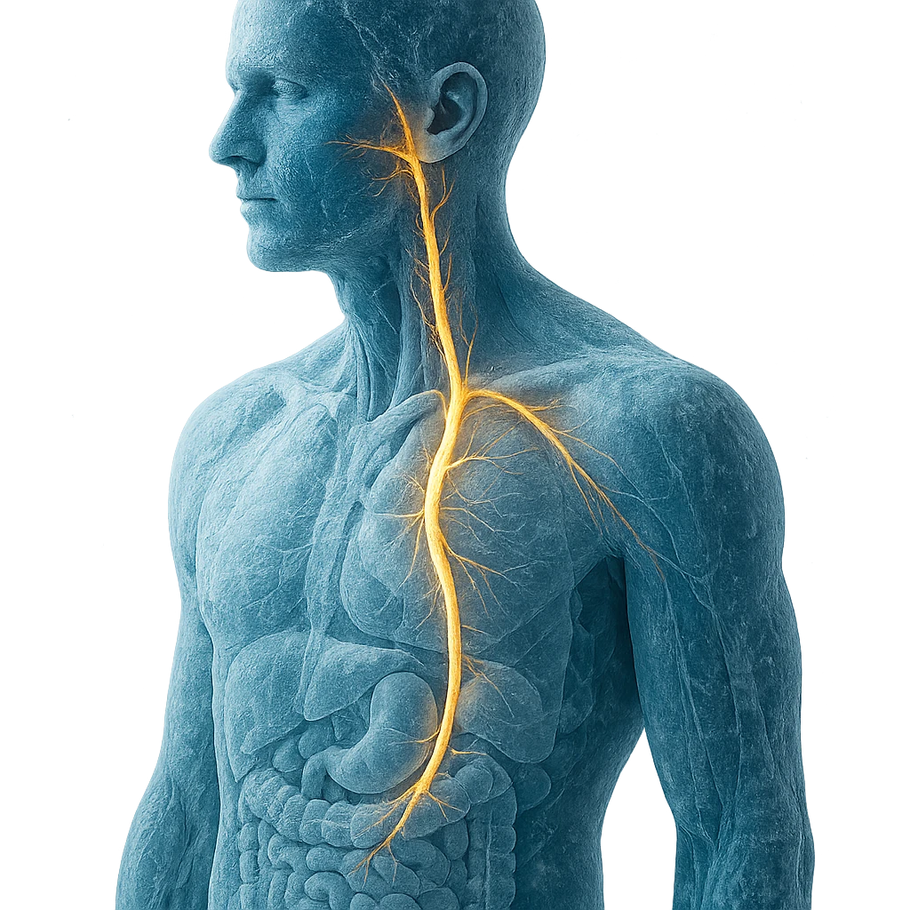 realistic human body with vagus nerve highlighted, oblique view, anatomical details, vagus nerve path clearly visible, cold effect with blue shades and ice, transparency on internal organs, neutral background emoji