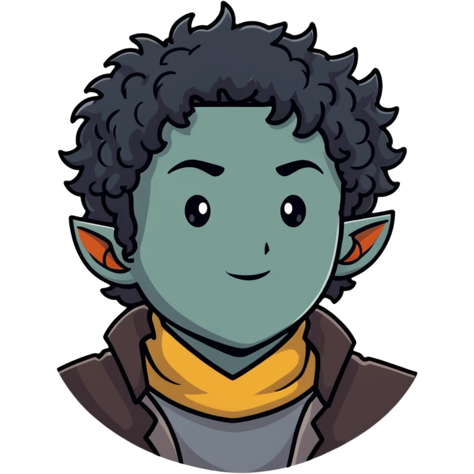 firbolg from DnD with gray skin, black curly hair, clean-shaven face, no beard emoji