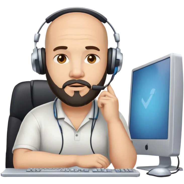 heavy-set man with chin beard wearing a headset in front of a computer emoji