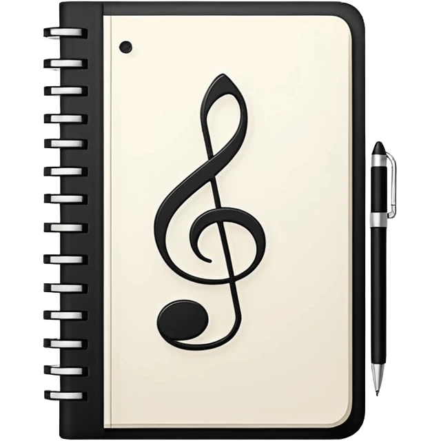 Minimalistic flat vector icon, iOS style, thin black contour on white background. Small notebook with a musical note on the cover, a pen placed next to it. Clean, modern, no text, no shadows. emoji
