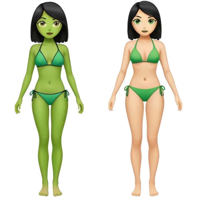 Full body green skin witch woman with black hair wearing bikini emoji